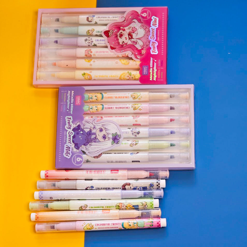 Set of 6 colorful metallic glitter highlighter pens for kids, packaged in two pastel-themed boxes labeled “Fruity Sweet Mix.” Each pen features cute cartoon character prints and soft, vibrant ink colors perfect for journaling, school projects, or creative doodling. The packaging is designed with anime-style illustrations of girls in whimsical outfits, appealing to children and stationery lovers. Displayed on a dual-tone yellow and blue background, this pen set makes a fun and eye-catching gift for birthdays